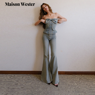 立体裁剪复古做旧不对称牛仔喇叭裤 新品 Wester2025年秋季 Maison
