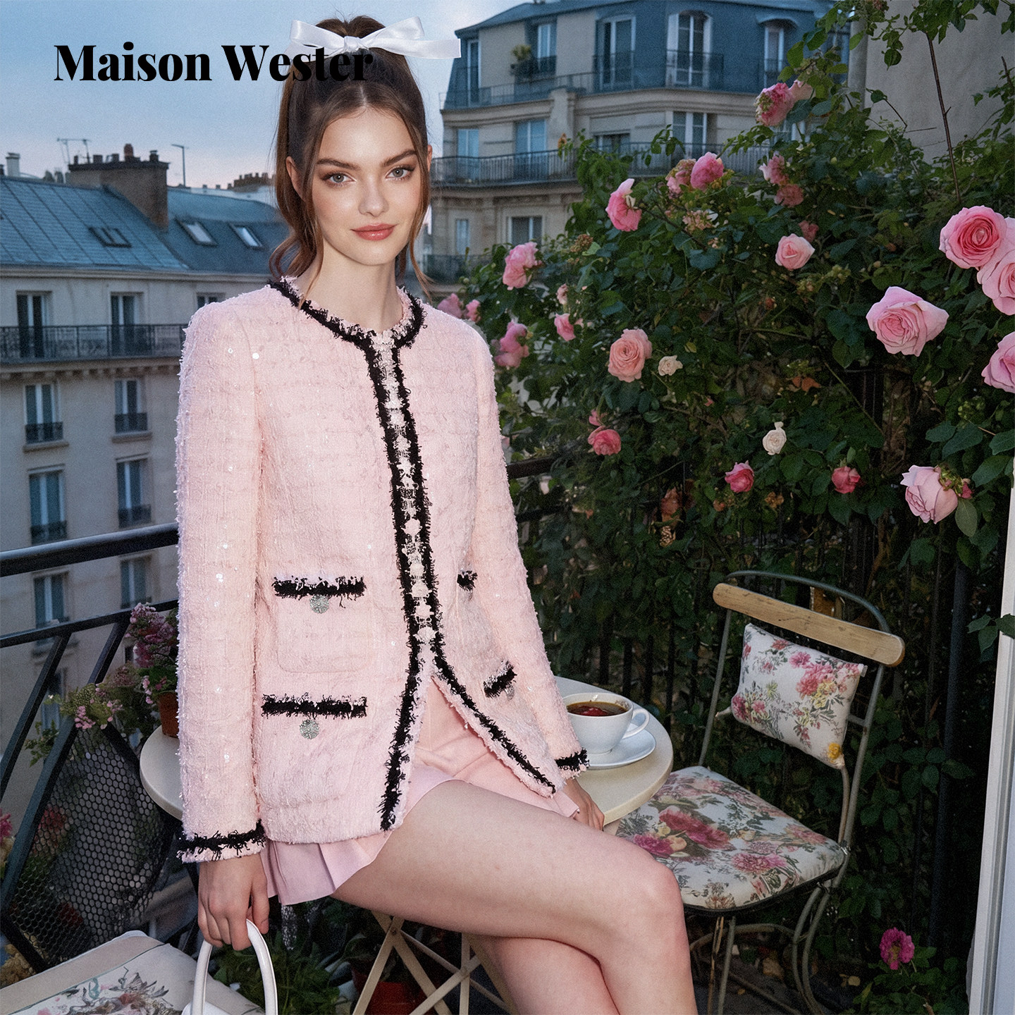Maison Wester2026年秋新款亮片粗花呢毛边小香风外套长裤套装