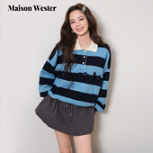 新品 Maison Wester2025年冬季 休闲风蓝黑条纹毛衣Polo领蝴蝶上衣