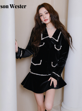 Maison Wester2025年冬季新品千金风上衣黑丝绒饰边黑色短款外套