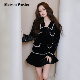 千金风上衣黑丝绒饰边黑色短款 新品 外套 Wester2025年冬季 Maison
