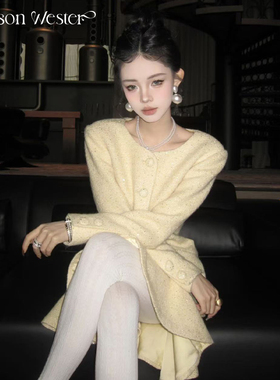 Maison Wester冬季流行女波嬉风圆领收腰外套半裙套装可露丽穿搭