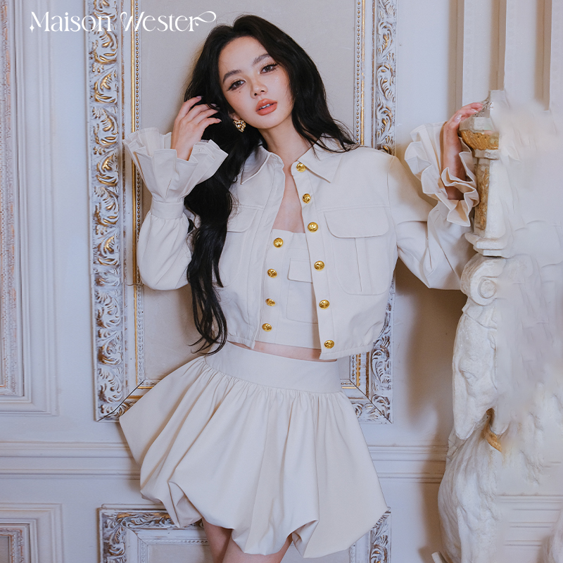 休闲夹克外套抹胸蓬蓬半裙套装