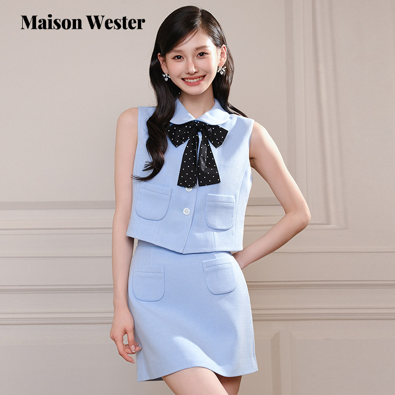 Maison Wester夏季新品浅蓝色蝴蝶结小背心+双口袋简约A摆半裙