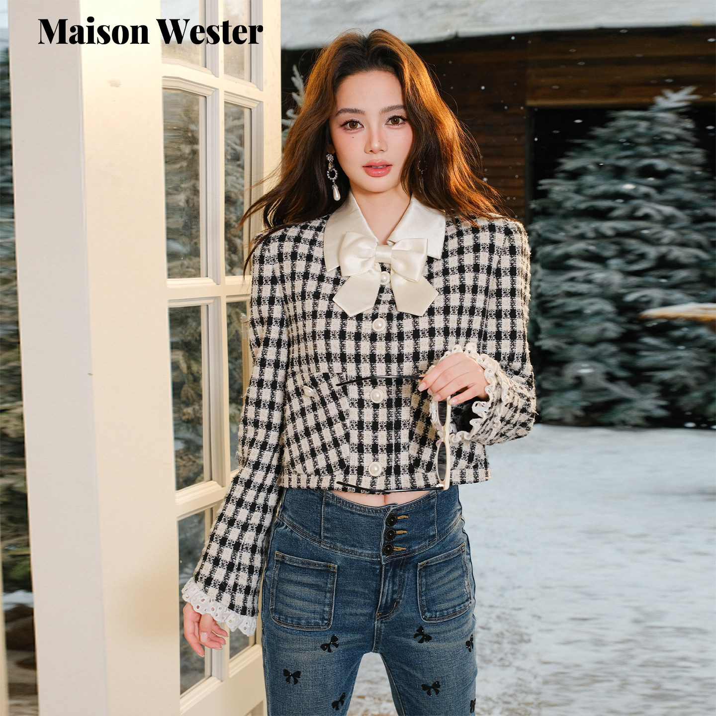 Maison Wester2026早春新品小香风黑白格子粗花呢蕾丝领短外套女