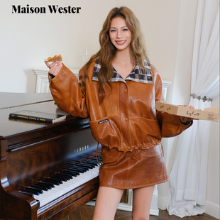 格纹翻领皮夹克抽绳摆高腰短裙套装 新品 Wester2025年冬季 Maison
