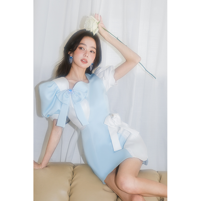 Maison Wester夏季秋款蝴蝶结蓝白拼接复古可露丽穿搭连衣裙