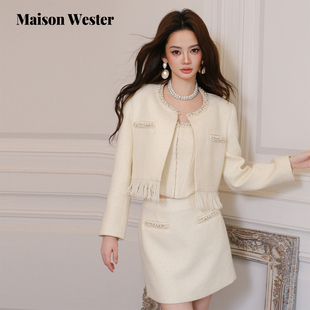 新品 Wester2025秋季 Maison 千金风珠链流苏白外套 何泓姗同款