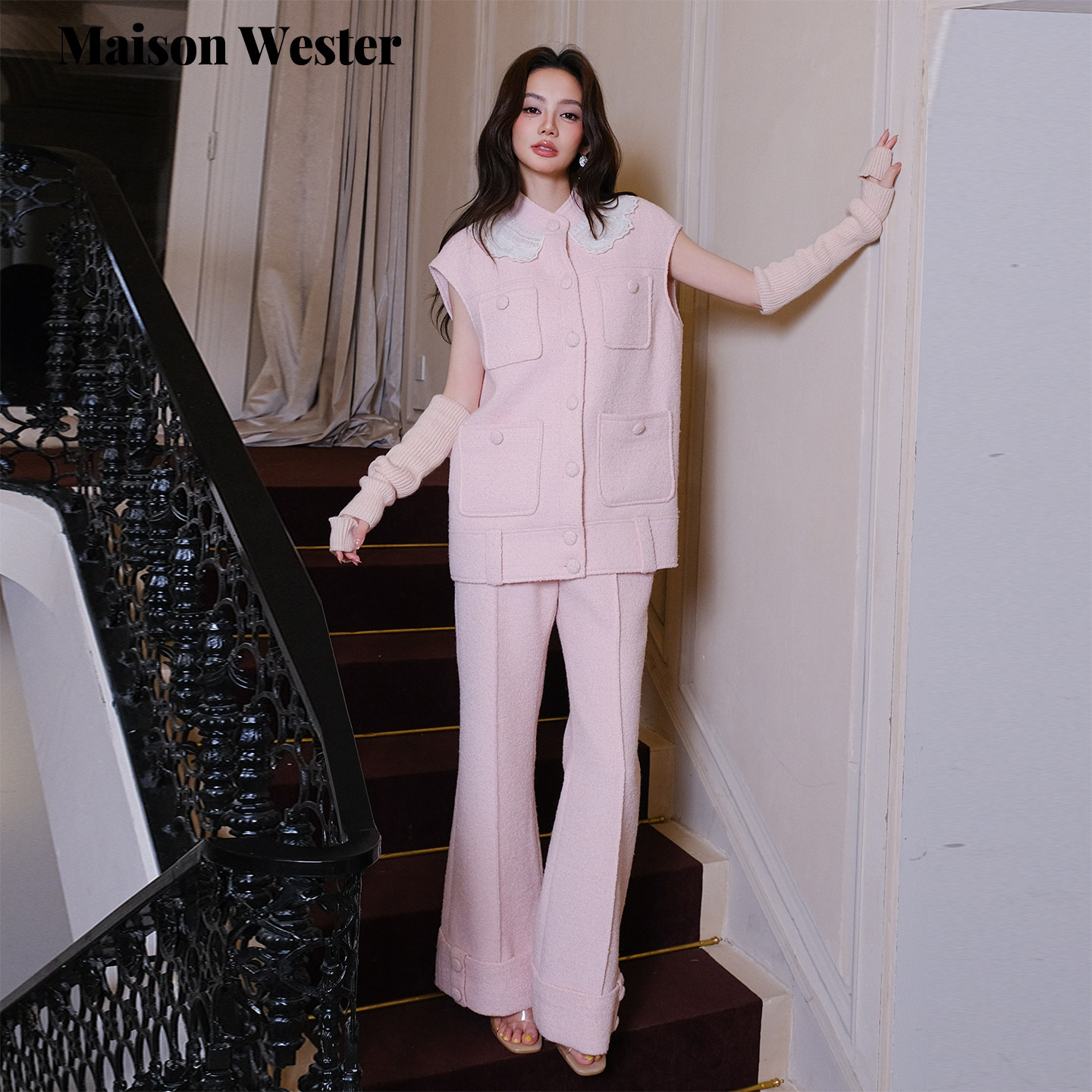 Maison Wester春季新品蕾丝小香风气质感马甲毛呢纽扣翻边阔腿裤