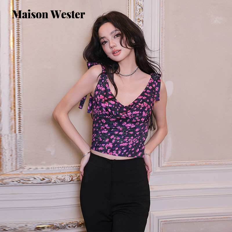 Maison Wester夏季新款时尚感女士紫色小碎花肩部系带短款上衣