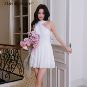 新款 Maison Wester2025夏季 浪漫波嬉风雪纺飘带白色单肩连衣裙