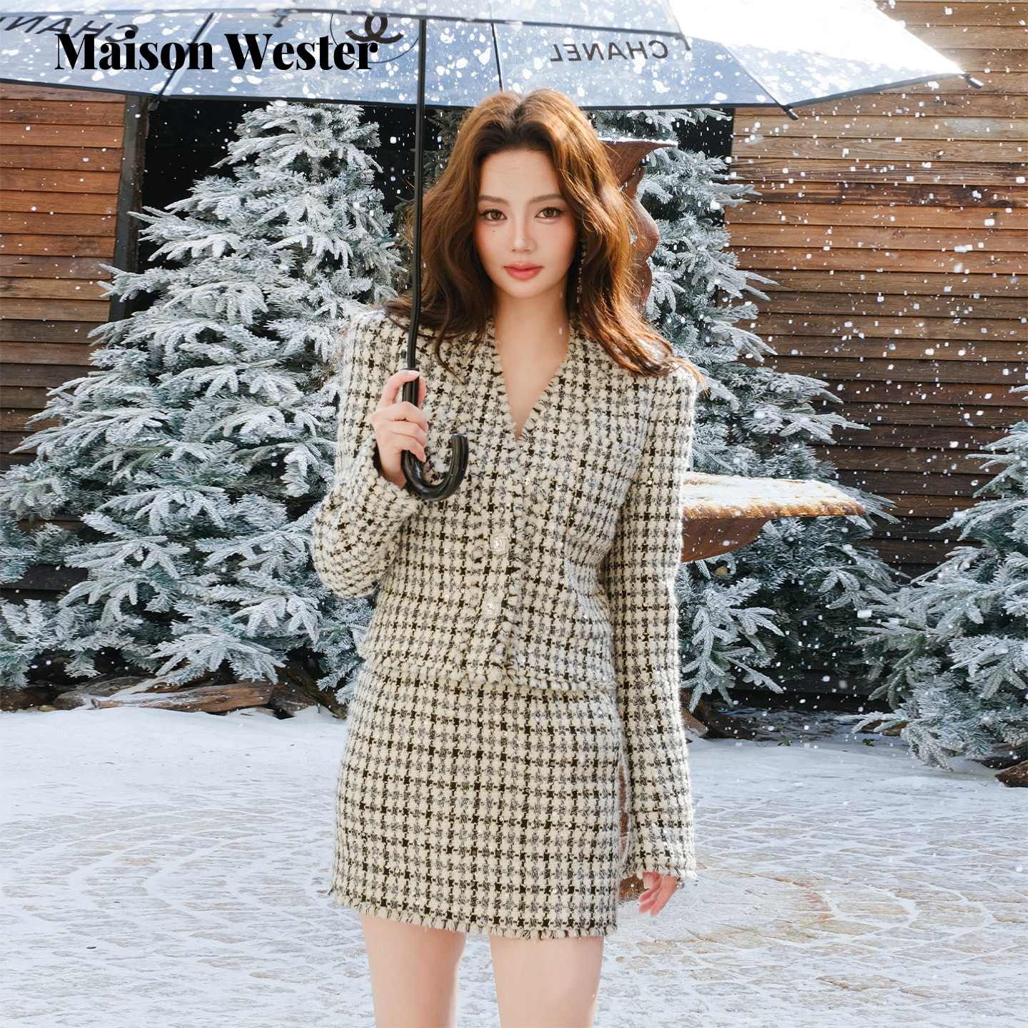 Maison Wester2025年冬季新品千金风外套粗花呢短款外纹短裙套装