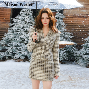 外纹短裙套装 Maison 千金风外套粗花呢短款 新品 Wester2025年冬季
