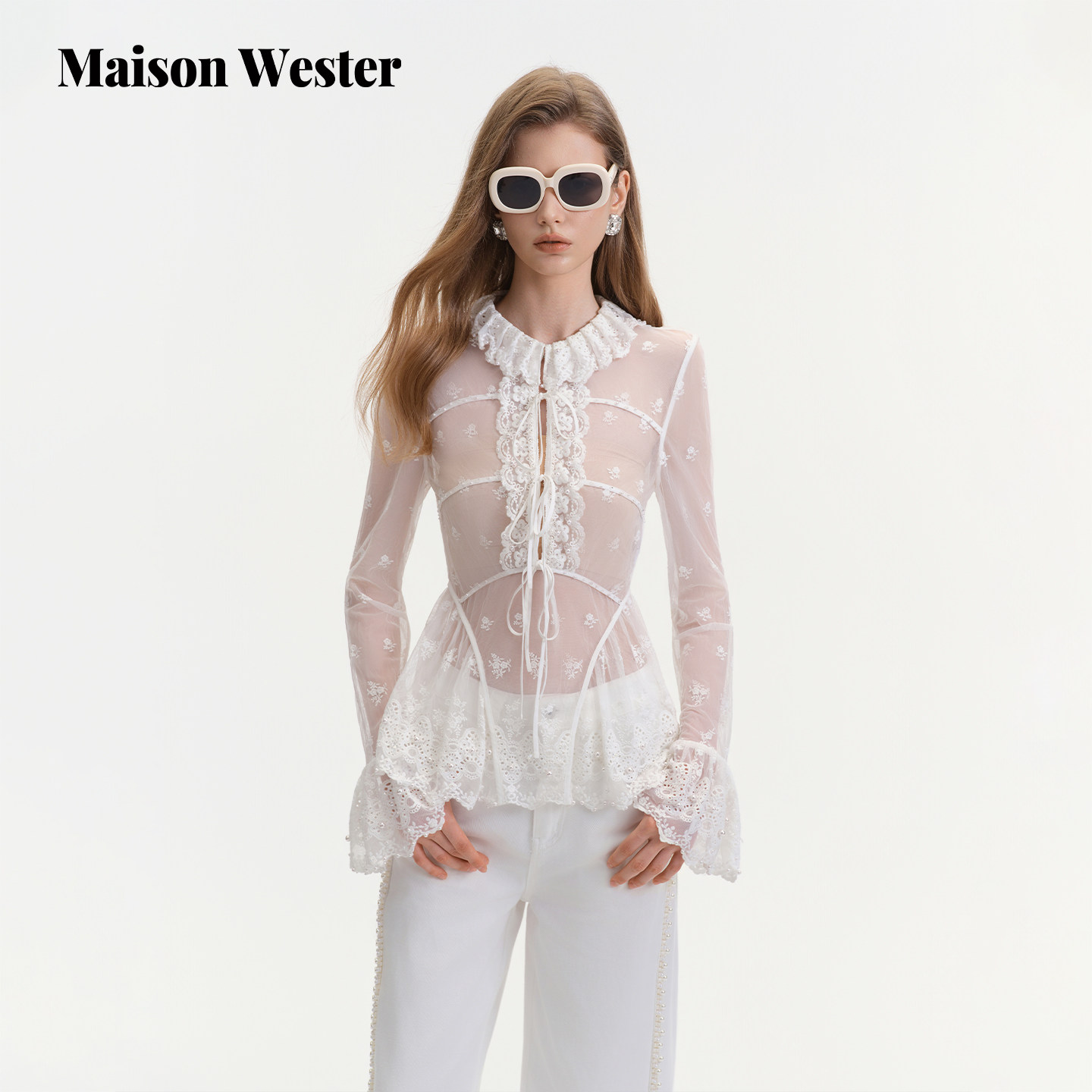 Maison Wester2025冬季新品千金风网纱内搭蕾丝荷叶领喇叭袖上衣