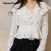 Maison Wester2026早春新品 千金风v领上衣金扣荷叶边蕾丝收腰衬衣