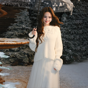 千金风高领上衣浮雕花纹白色毛衣 新品 Maison Wester2025年冬季