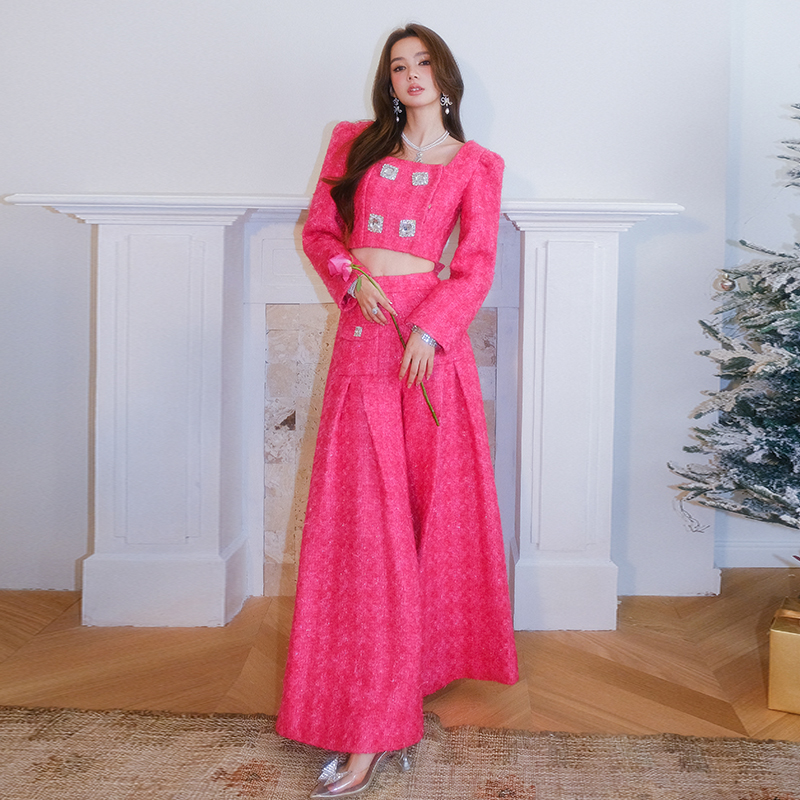 Maison Wester秋季流行玫红色粗花呢双排扣蝴蝶结露背上衣阔腿裤