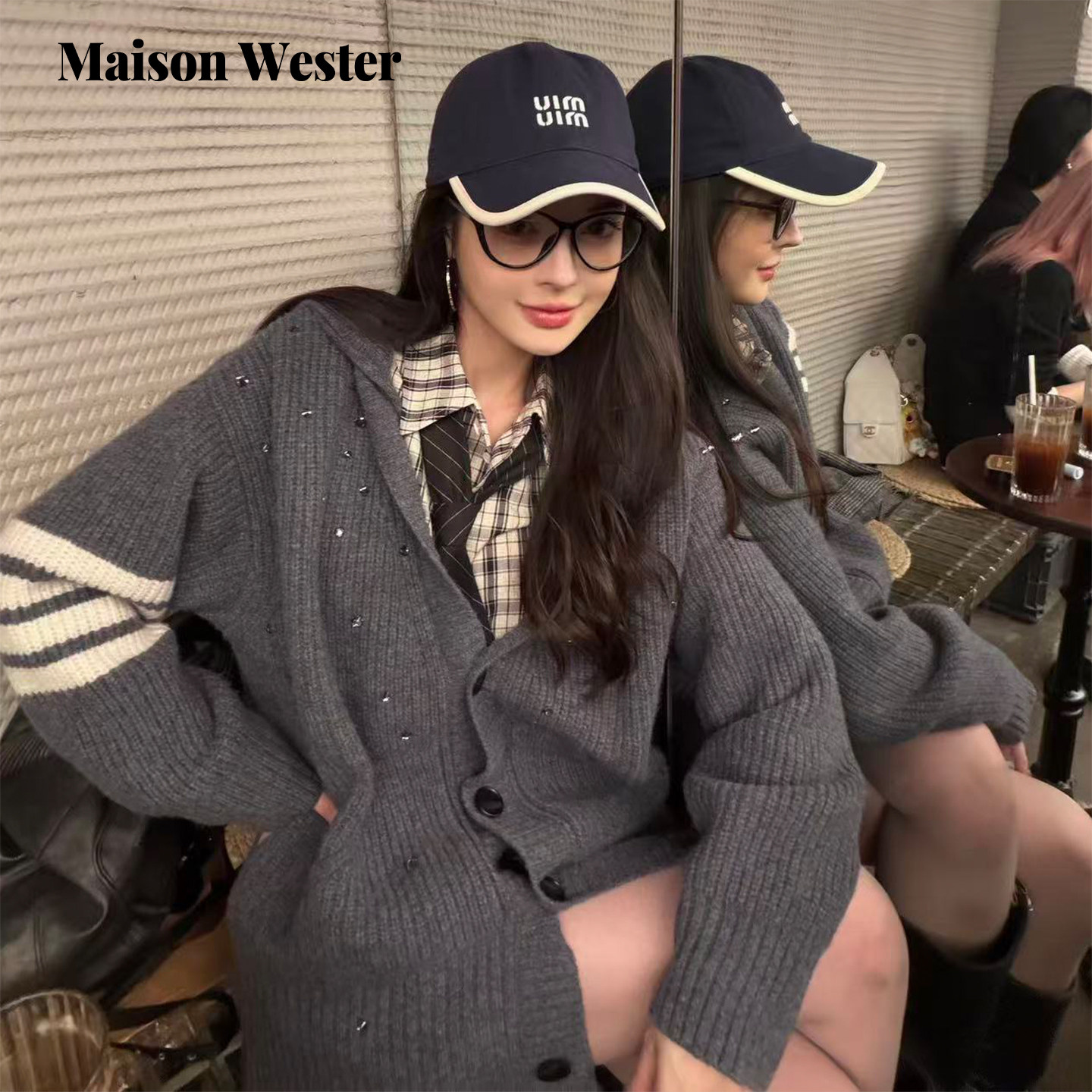 Maison Wester2025年冬季新品袖子白条纹装饰灰色开衫外套上衣