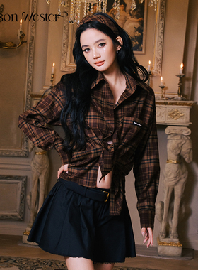 Maison Wester冬季波嬉风通勤复古棕LOGO格子衬衫上衣可露丽穿搭