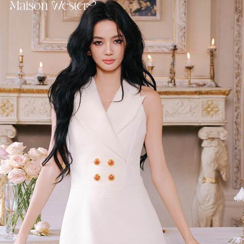 Maison Wester夏季官方女士通勤时尚复古米白色双排扣无袖连衣裙