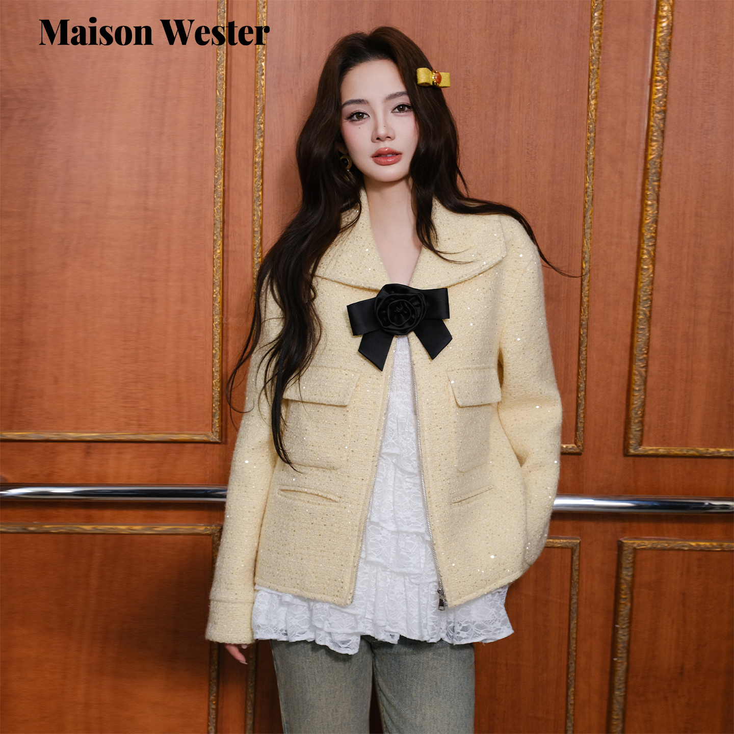 Maison Wester2025冬季新品鹅黄毛呢翻领蝴蝶结宽松夹克上衣外套