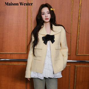 千金风毛呢翻领上衣鹅黄拉链夹克外套 新品 Maison Wester2025冬季
