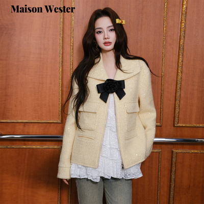 Maison Wester2025冬季新品千金风毛呢翻领上衣鹅黄拉链夹克外套