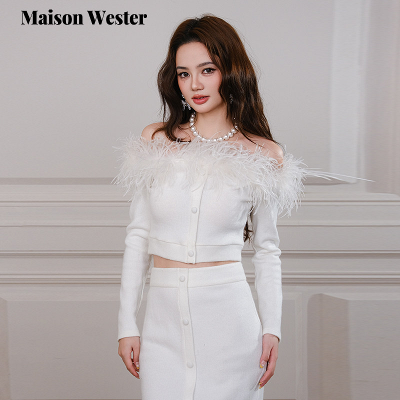 Maison Wester2025秋季新品鸵鸟毛包扣露肩短款上衣+鸵鸟毛包臀裙,女装/女士精品,时尚套装,淘宝优惠券,粉丝福利购,淘宝优惠卷