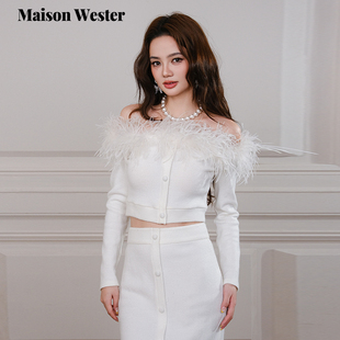 上衣 Maison 鸵鸟毛包扣露肩短款 新品 鸵鸟毛包臀裙 Wester2025秋季