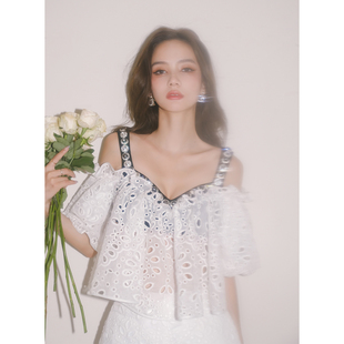 MaisonWester夏季钻链露肩蕾丝上衣套装性感时尚衣服裤子两件套