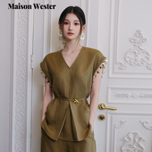 Wester2025秋季 新品 波西风设计感无袖 Maison 橄榄绿色上衣套装