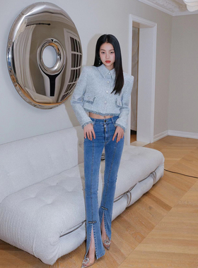 Maison Wester春季韩雪、徐璐同款时尚牛仔裤微喇裤可露丽穿搭