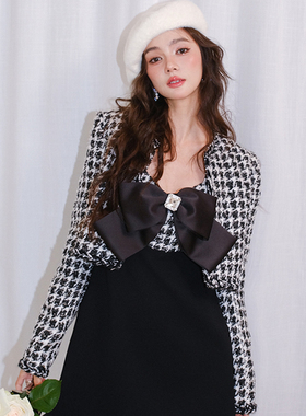 Maison Wester秋季官方女士钻扣蝴蝶结拼千鸟格小香风连衣裙套装