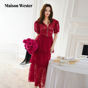 新品 Wester2025冬季 Maison 千金风蕾丝裙子V领连衣裙 圣诞限定