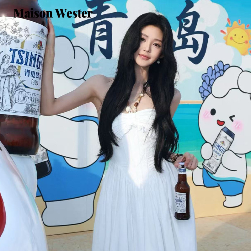 【邢飞同款】Maison Wester夏时尚设计感度假风串珠挂脖抹胸长裙