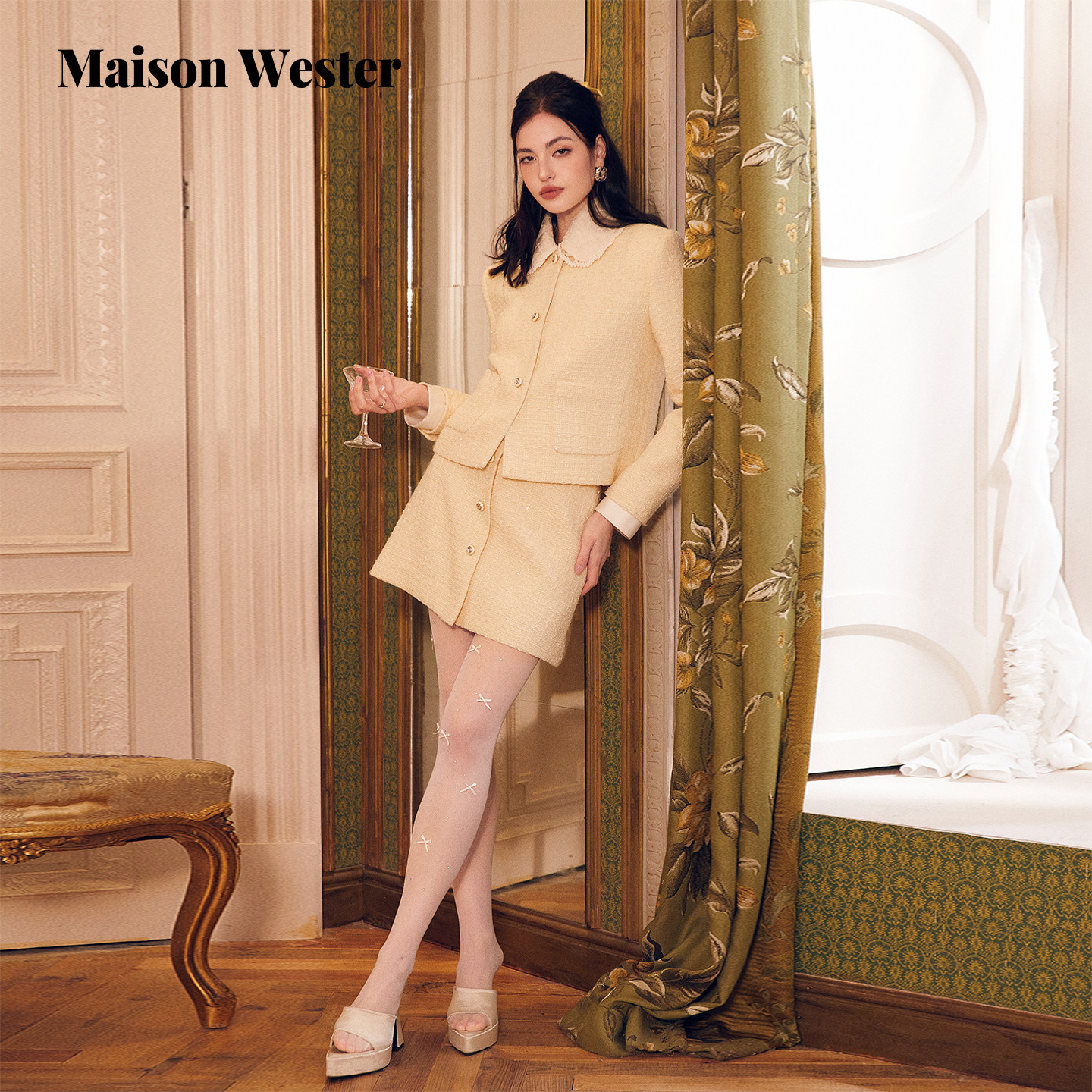 Maison Wester2026年春季新品奶黄蕾丝领粗花呢短外套单排A字半裙,女装/女士精品,时尚套装,淘宝优惠券,粉丝福利购,淘宝优惠卷