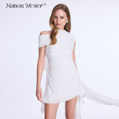 新款 Maison Wester2025夏季 显瘦波嬉风单肩雪纺飘带白色连衣裙
