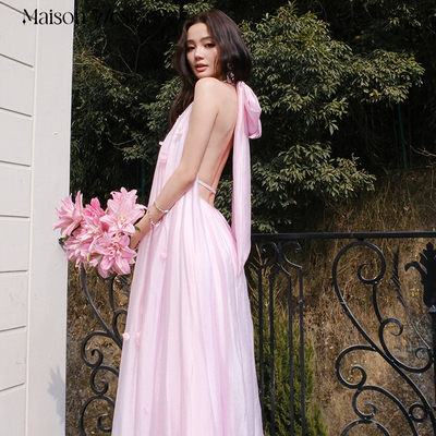王玉雯同款Maison Wester2025夏季新款粉纱无袖花瓣粉连衣裙长裙