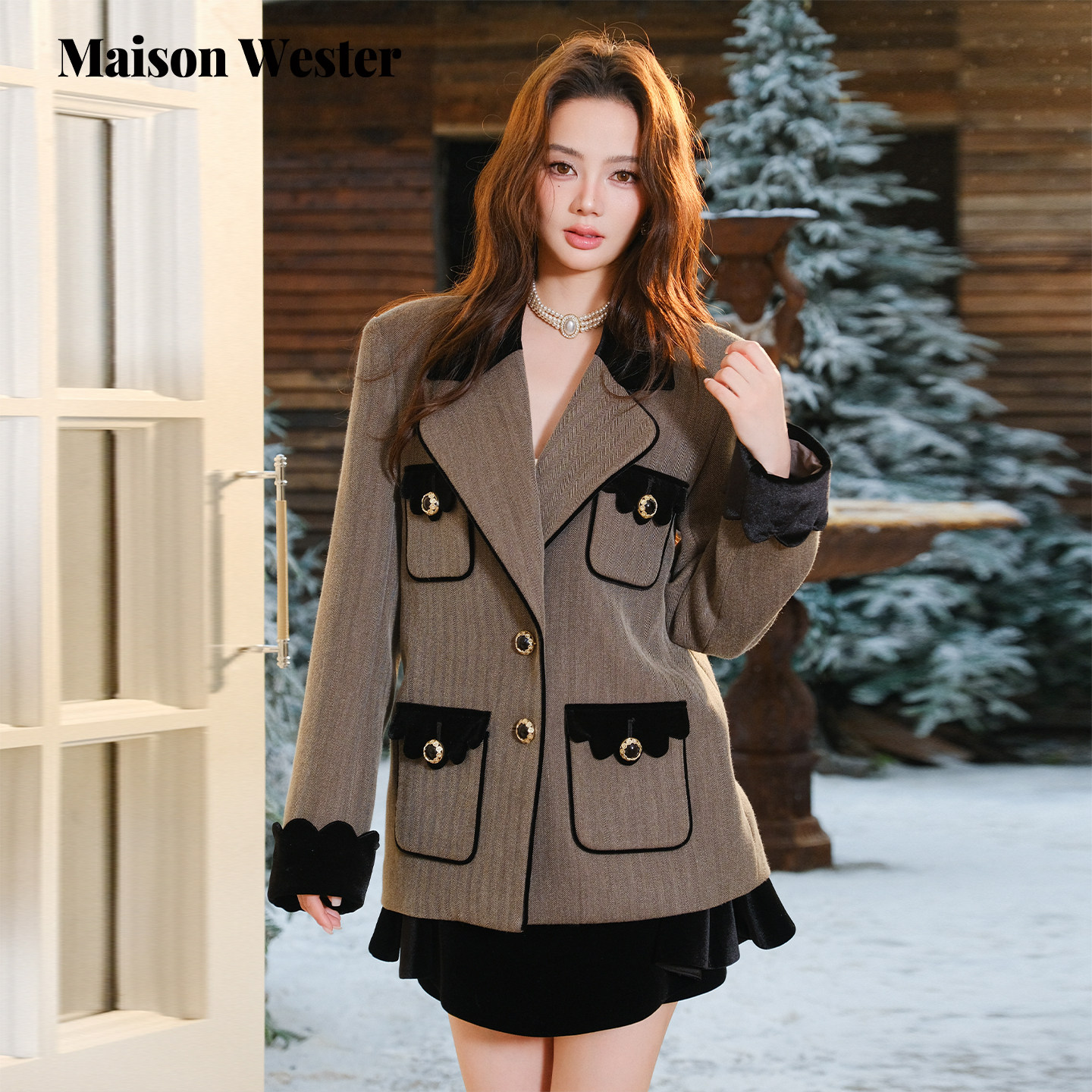 Maison Wester2025年冬季新品千金风长袖修身上衣灰饰边翻领外套