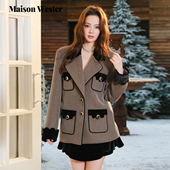 Wester2025年冬季 新品 千金风长袖 Maison 修身 上衣灰饰边翻领外套