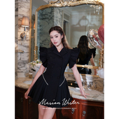 Maison 黑百褶A型显瘦连衣裙 褶小飞袖 Wester夏季 官方女士法式