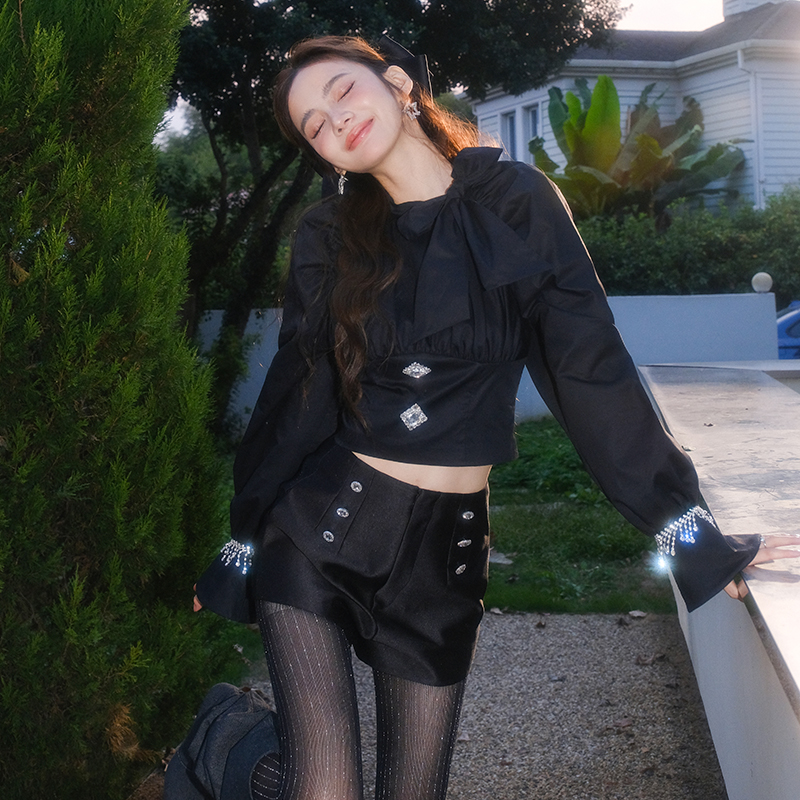 Maison Wester秋季孙怡同款流行蝴蝶结系带公主风衬衫短裤套装