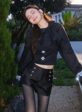 Maison Wester秋季孙怡同款流行蝴蝶结系带公主风衬衫短裤套装