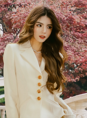 Maison Wester夏季女士时尚复古米白色正肩西装外套一步半裙套装