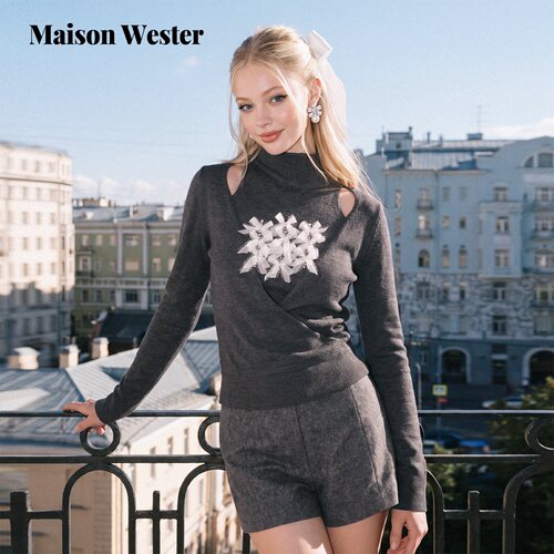 Maison Wester2026年冬新款深灰蝴蝶结设计感露肩假两件针织上衣