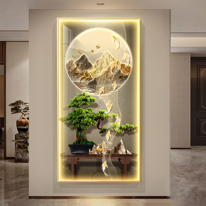 爆款现代轻奢玄关装饰画九鱼图LED灯带走廊过道壁画吉祥客厅楼梯图片
