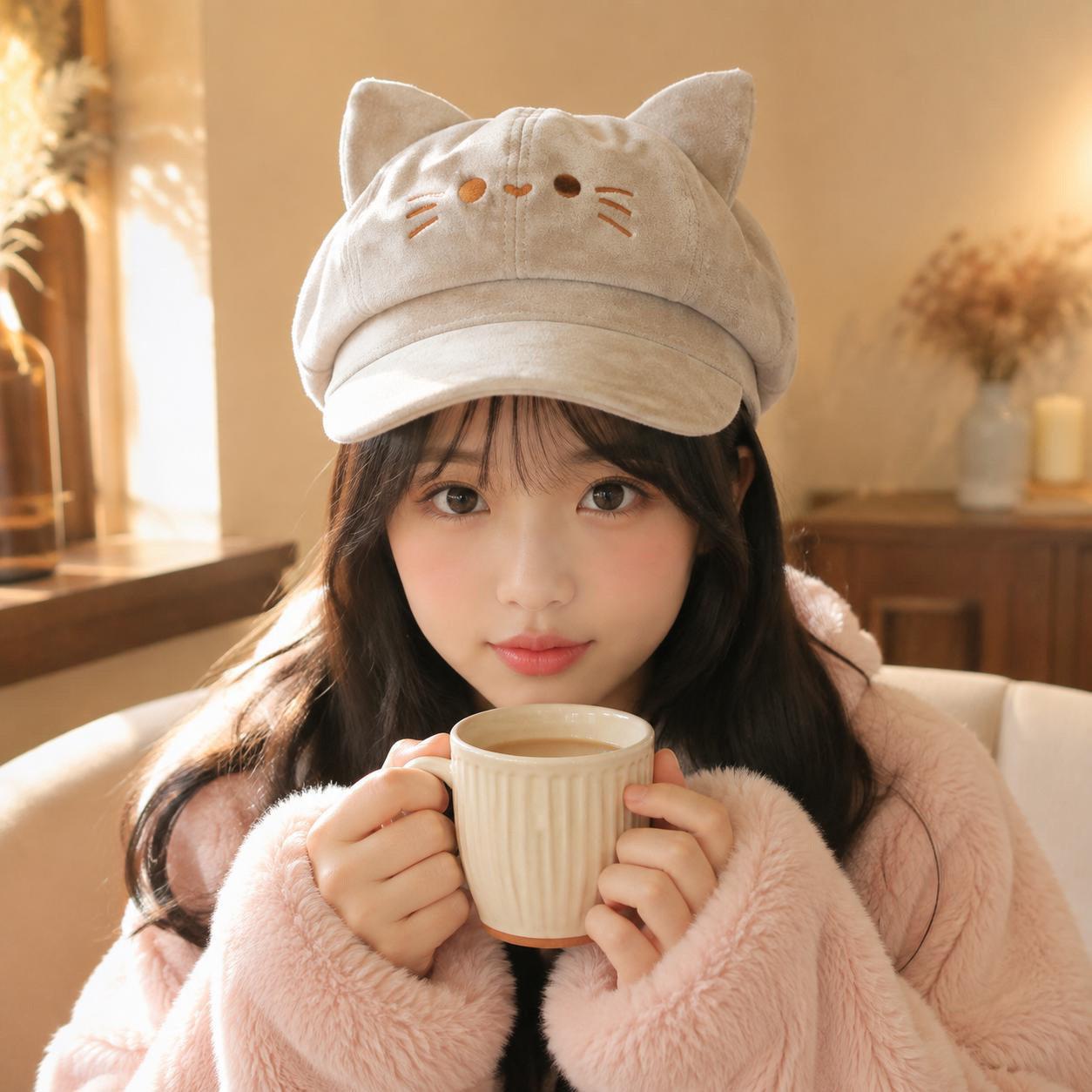 女帽子2026新款今年流行可爱卡通猫咪耳朵八角帽秋冬复古显脸小报