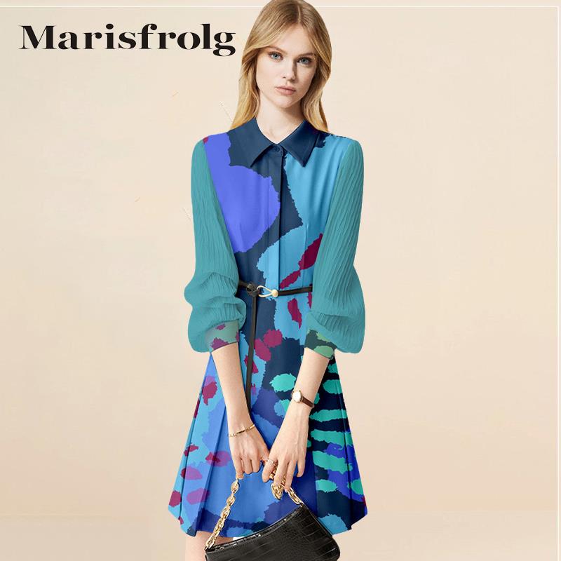 玛丝菲尔夏季翻领印花通勤职业连衣裙2024新款女裙子女小众轻奢