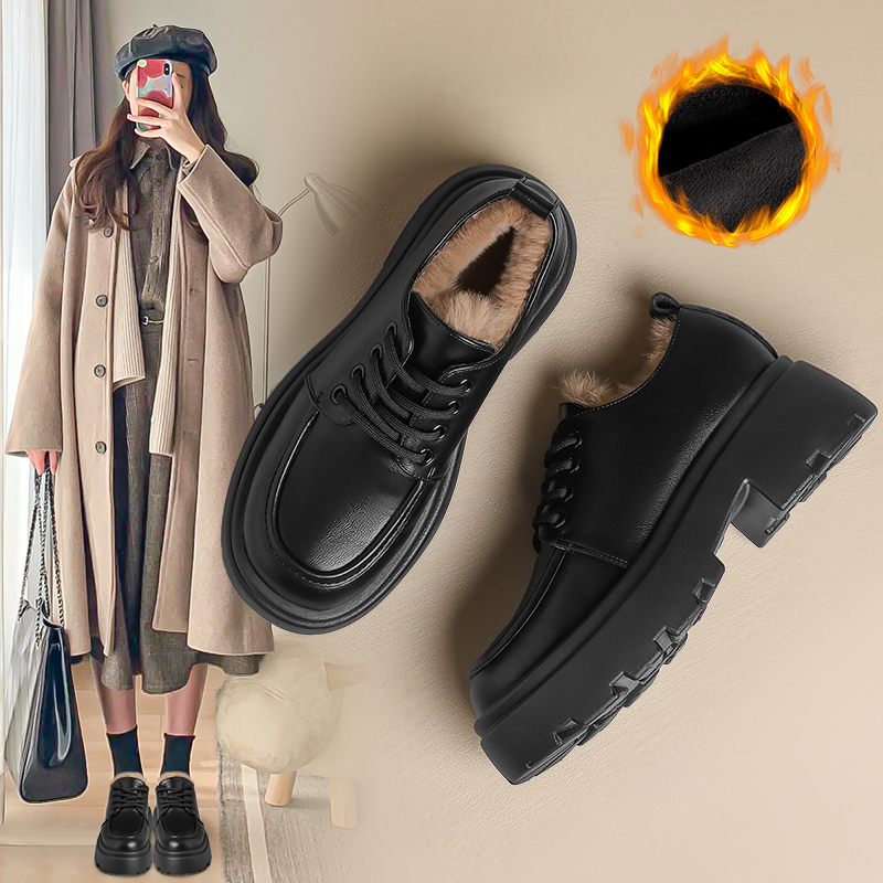 ZHR乐福鞋女2024秋冬新款厚底加绒加厚雪地靴英伦黑色小皮鞋单鞋