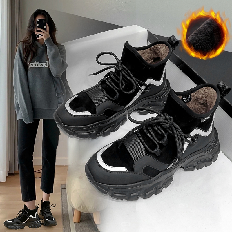 ZHR黑色高帮棉鞋女2024冬季真皮保暖雪地靴小个子厚底加绒老爹鞋
